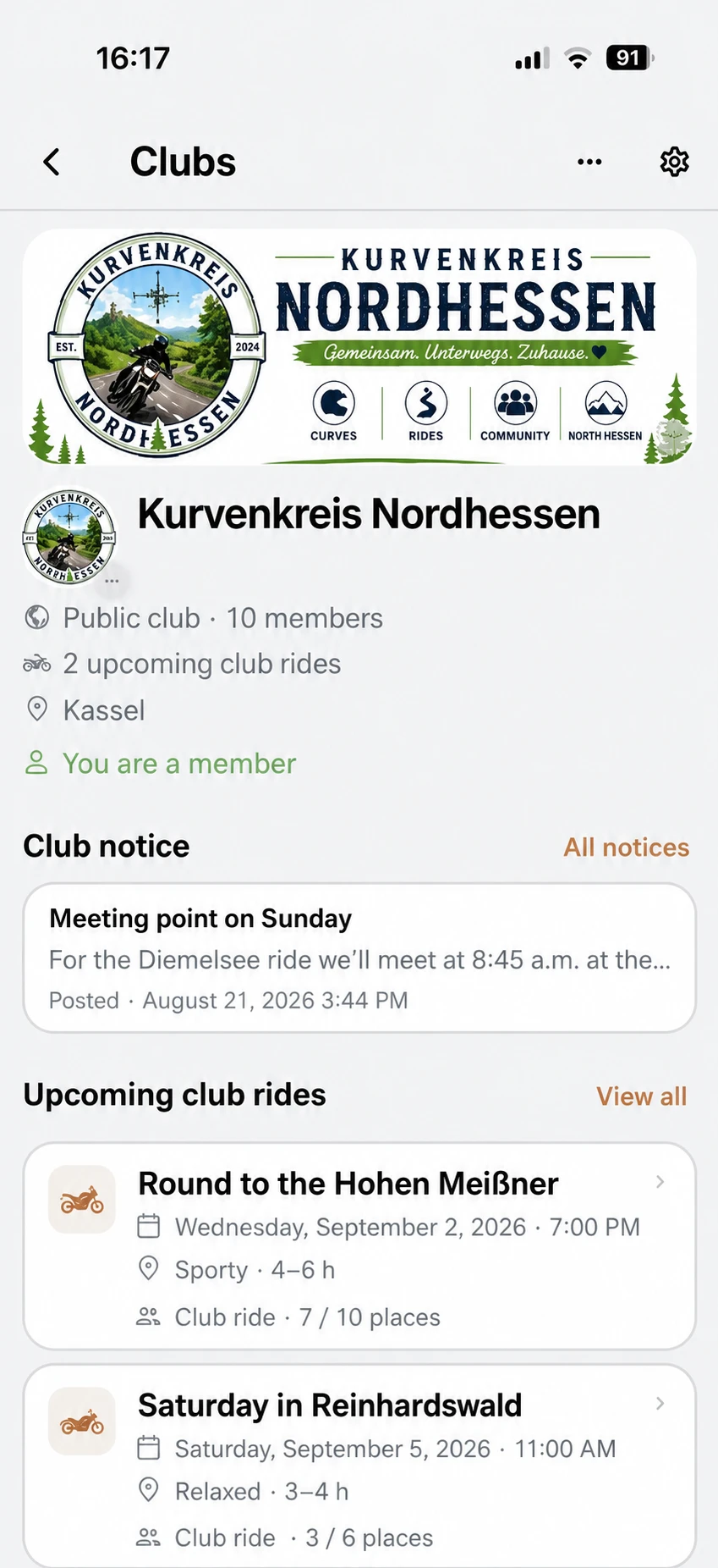 Ridora detail screen for a fictional motorcycle club showing club information, members, and planned club rides.